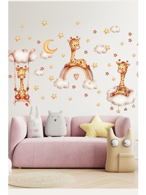 Mediterian Çocuk odası renkli üçlü zürafalar, yıldızlar ve bulutlar duvar sticker seti