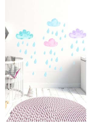 Mediterian Renkli suluboya bulutlar ve damlalar duvar sticker seti, çocuk odası dekoru