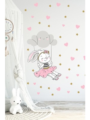 Mediterian Çocuk odası için renkli ve neşeli tavşan salıncağı duvar sticker seti