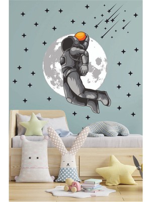 Mediterian Çocuk odası renkli uzay ve astronot sticker seti, 5+ parça, gri, düz desen