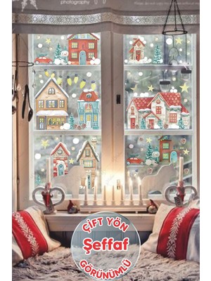 Mediterian Yılbaşı Temalı Çok Renkli Şehir Çocuk Odası Sticker Seti, 5+ Parça, Şeffaf ve Karlı Görünüm