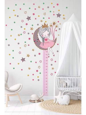 Mediterian Ayda Oturan Sevimli Kız 150 Adet Yıldız ve Puantiye Mega Çocuk Odası Boy Ölçer Duvar Sticker Seti