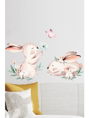 Mediterian Tavşan Arkadaşlar Sulu Boya Çocuk ve Bebek Odası Duvar Sticker Seti