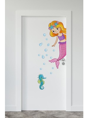 Mediterian Gri Deniz Kızı ve Deniz Atı Çocuk Odası Kapı Duvar Sticker Seti