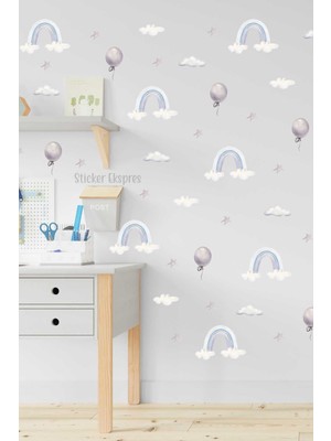 Mediterian Renkli gökkuşağı ve bulut temalı çocuk odası duvar sticker seti, 5+ parça