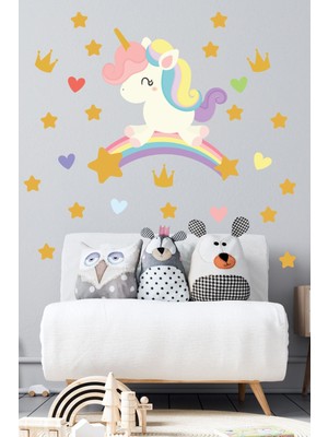 Mediterian Renkli Unicorn ve Yıldızlar Çocuk Odası Duvar Sticker, Eğlenceli Dekorasyon