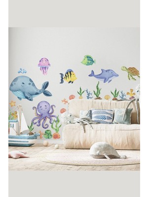Mediterian Renkli bebek odası deniz canlıları duvar sticker seti, eğlenceli ve sevimli dekorasyon