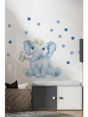 Mediterian Sevimli mavi fil ve yıldızlar duvar dekor stickeri, çocuk odası süsleme aksesuarı