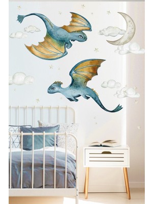 Mediterian Renkli mavi ejderha duvar sticker seti, çocuk odası dekorasyonu için ideal