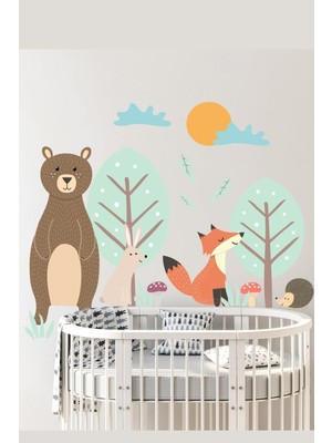 Mediterian Çocuk odası için renkli orman ve ağaçlar duvar sticker seti, doğa temalı dekorasyon