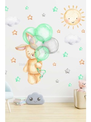 Mediterian Sevimli çocuk odası duvar sticker seti, tavşan ve balon detaylarıyla çok renkli, 5+ parça