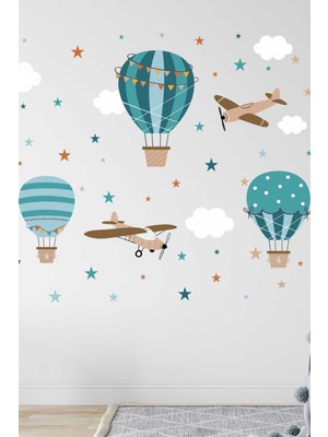 Mediterian Renkli balon ve uçaklar çocuk odası duvar sticker seti, eğlenceli dekorasyon, 5+ parça