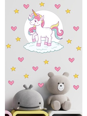Mediterian Beyaz Bulut Üzerinde Sevimli Unicorn Pembe Kalpler Sarı Yıldızlar Çocuk Odası Duvar Sticker