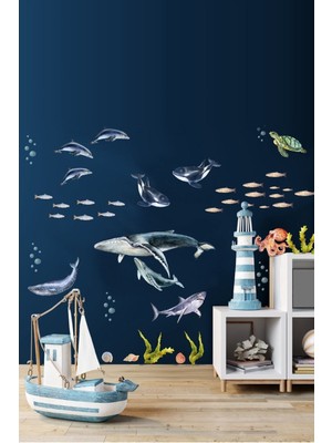 Mediterian Renkli Su Altı Dünyası Balıklar Seti, Çocuk Odası Dekoratif Duvar Çıkartması, 5+ Parça