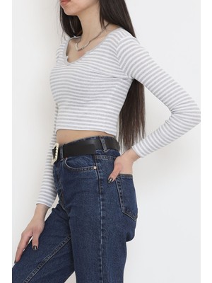 Çizgili Crop Bluz Gri