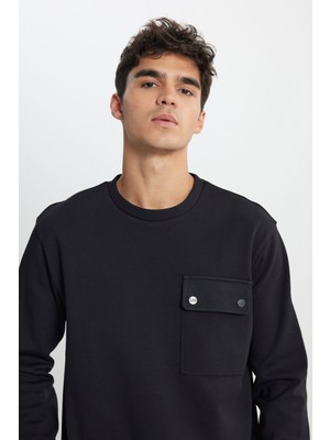 Relaxed Fit Geniş Kesim Bisiklet Yaka Siyah Sweatshirt