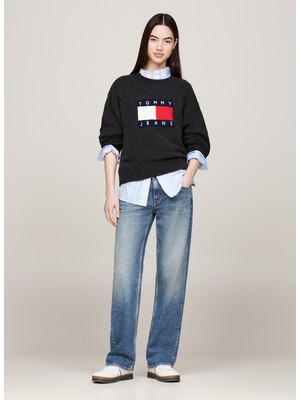 Tommy Jeans Yuvarlak Yaka Standart Nakışlı Antrasit Kazak Kadın Tjw Melange Flag Sweater Ext