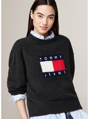 Tommy Jeans Yuvarlak Yaka Standart Nakışlı Antrasit Kazak Kadın Tjw Melange Flag Sweater Ext