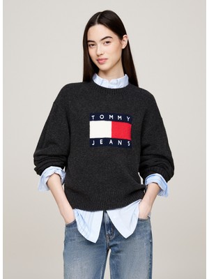 Tommy Jeans Yuvarlak Yaka Standart Nakışlı Antrasit Kazak Kadın Tjw Melange Flag Sweater Ext