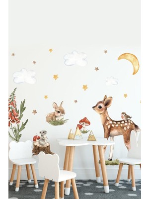 Mediterian Renkli ve eğlenceli çocuk odası duvar sticker seti, 5+ parça, sevimli orman dostları tasarımı