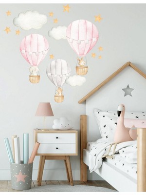 Mediterian Neşeli renkli pembe uçan balonlar duvar çıkartması, çocuk odası dekoru, 1 parça