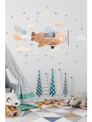 Mediterian Gri Rüya Temalı Çocuk Odası Duvar Sticker Seti, Fil, Uçak ve Bulut Dekorasyonu