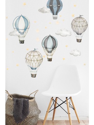 Mediterian Renkli Sıcak Hava Balonları Çocuk ve Bebek Odası Duvar Sticker Seti 5+ Parça Yeşil