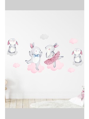 Mediterian Renkli balerin ve tavşan ailesi duvar çıkartması seti, çocuk odası dekoru