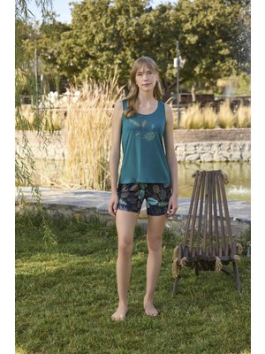 Monamise Kadın Yaprak Desenli ve Baskılı "tropical Vibes" Şort Takımı 24106