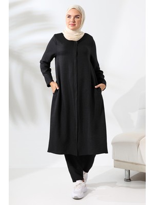 İhvan Online Kadın Siyah Melanj Keten Görünümlü Gizli Fermuarlı Hac Umre Kıyafeti Tesettür Ikili Takım