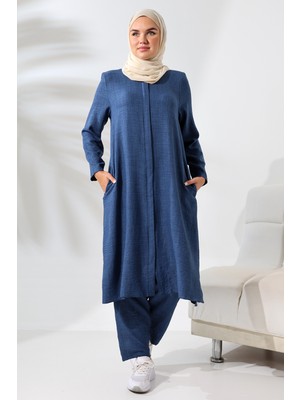 İhvan Online Kadın Lacivert Melanj Keten Görünümlü Gizli Fermuarlı Hac Umre Kıyafeti Tesettür Ikili Takım