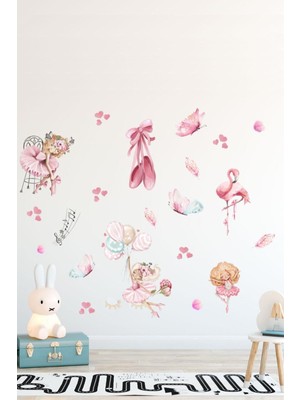 Mediterian Renkli kız çocuk odası balerinler duvar sticker seti, 5+ parça, pembe, bebek ve çocuk odası için