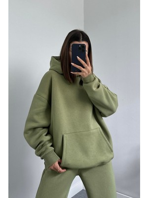 Kadın Üç Iplik Oversize Kanguru Cep Paçası Lastikli Jogger Eşofman Takımı