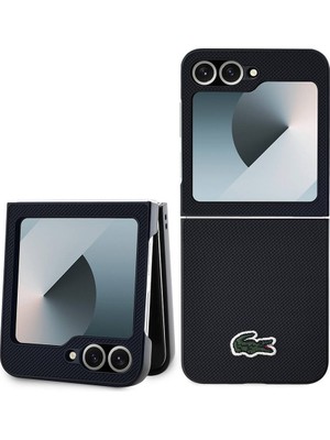 Galaxy Z Flip 6 Kılıf Lacoste Orjinal Lisanslı Pu Pike Desenli Yüzey Ikonik Timsah Dokuma Logo Siyah