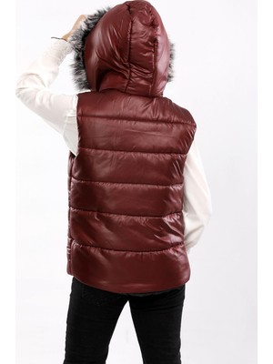 Kürk Kapüşonlu Çocuk Şişme Yelek Bordo AVM07273