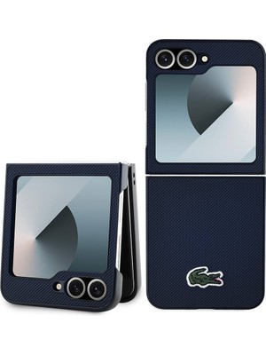 Galaxy Z Flip 6 Kılıf Lacoste Orjinal Lisanslı Pu Pike Desenli Ikonik Timsah Dokuma Logo Lacivert