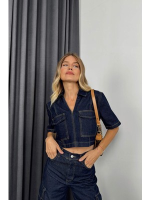 Sue Store Lacivert Yıkamalı Crop Pantolon Denim Takım