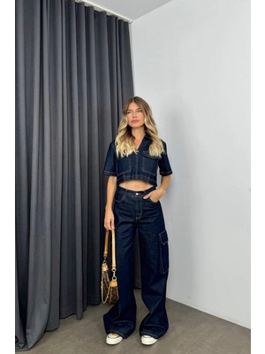 Sue Store Lacivert Yıkamalı Crop Pantolon Denim Takım