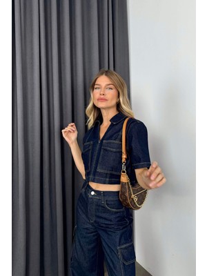 Sue Store Lacivert Yıkamalı Crop Pantolon Denim Takım