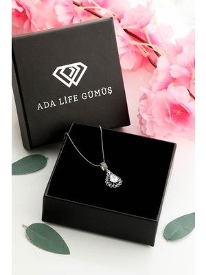 925 Ayar Gümüş Zirkon Taşlı Damla Model Oksitli Telkari Kadın Kolye (Özel Kutu)