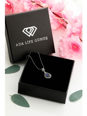 925 Ayar Gümüş Safir Taşlı Damla Model Oksitli Telkari Kadın Kolye (Özel Kutulu)