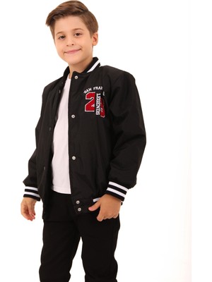 Perendi 28 Nakışlı Siyah Erkek Çocuk Bomber Ceket Hafif ve Rahat Kumaşlı