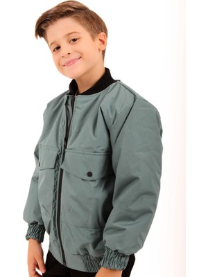 Perendi Geniş Cep Detaylı Erkek Çocuk Bomber Ceket Çağla Hafif Nefes Alabilir Kumaş Düz Desen