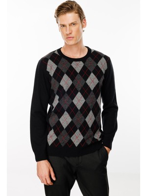 Desen Triko Erkek Sıfır Yaka Önü Baklava Desenli Kazak Siyah