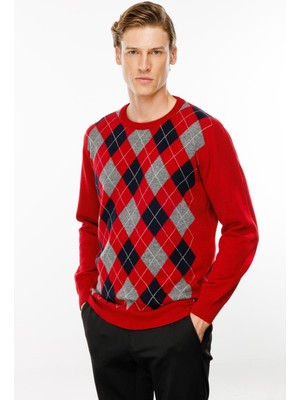 Desen Triko Erkek Sıfır Yaka Önü Baklava Desenli Kazak K.kırmızı