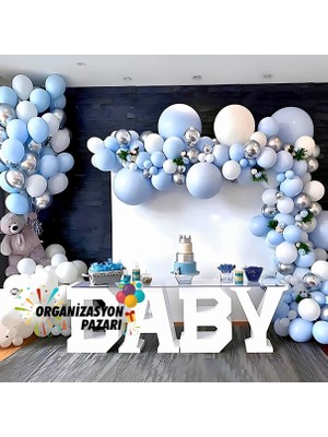 Balon Seti Makaron Mavi-Krom Gümüş-Beyaz 100 lü Balon Zinciri Seti