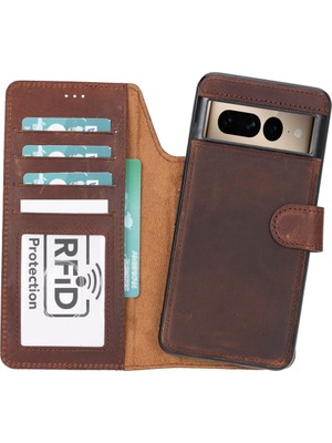 PLM Google Pixel 8 Pro Uyumlu Deri Cüzdanlı Kılıf Kahve