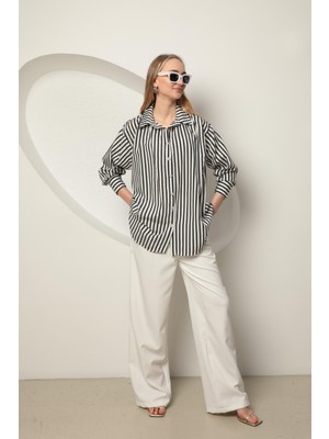 Chicn Happy Poplin Kalın Çizgi Kadın Gömlek Siyah