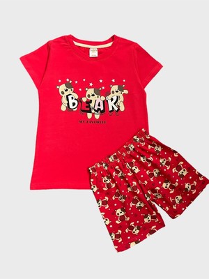 Kız Çocuk %100 Pamuklu Bear Ayıcık Desenli Kırmızı Kısa Kollu Şortlu Yazlık Pijama Takımı