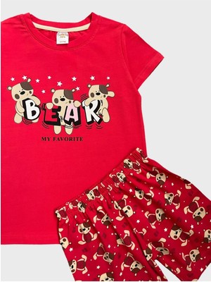 Kız Çocuk %100 Pamuklu Bear Ayıcık Desenli Kırmızı Kısa Kollu Şortlu Yazlık Pijama Takımı